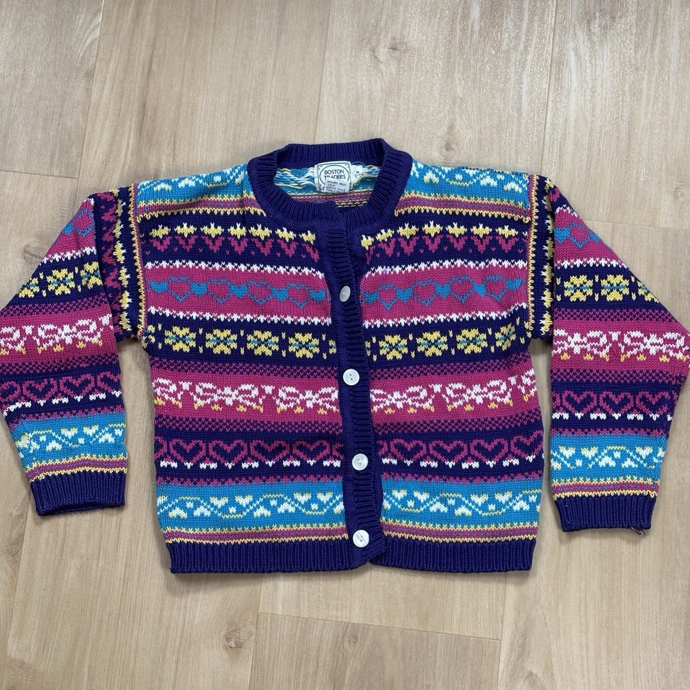 VTG Girls Cardigan Sweater 5-6 Hearts Bows Pink Purple Pearl Buttons Knit